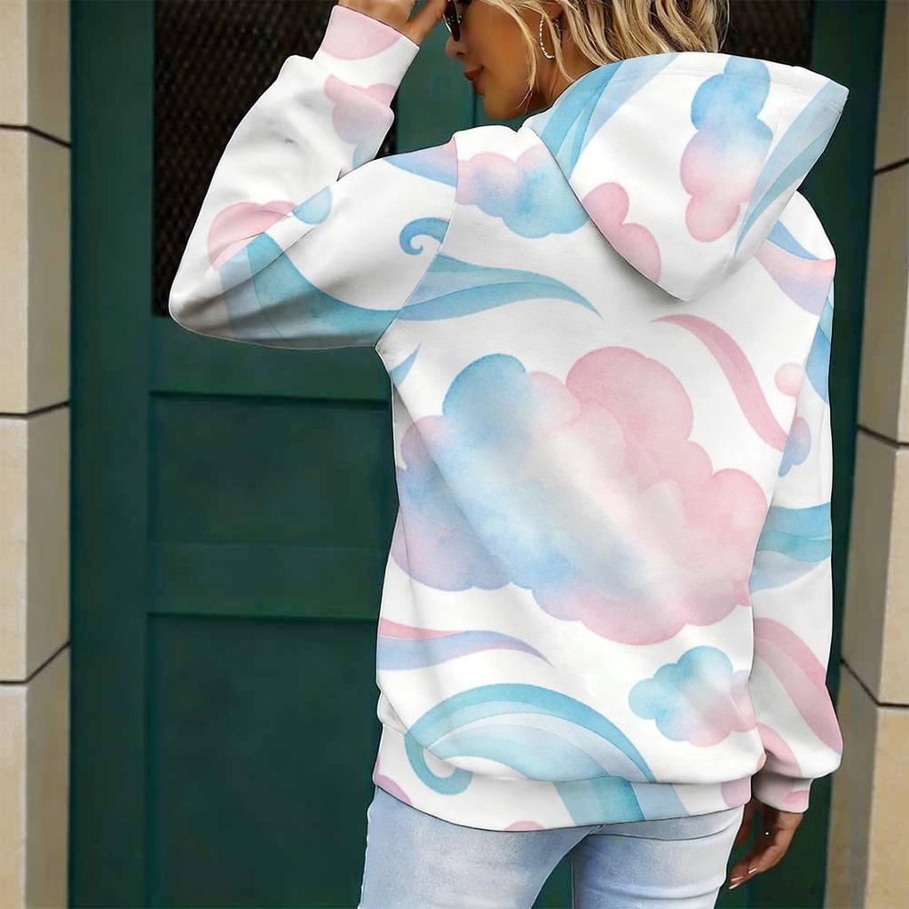 Women Plus Size White Floral Printed Long Sleeve Pullover Hoodie With Drawstring Hood And Kangaroo Pocket