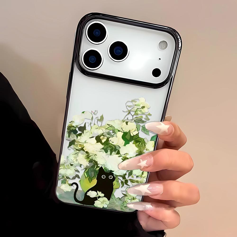 Flowers and Black Cat Phone Case For iPhone 17 11 12 13 14 15 16 Pro Max 14 15 16 Plus Shockproof Silicone Clear Bumper Cover