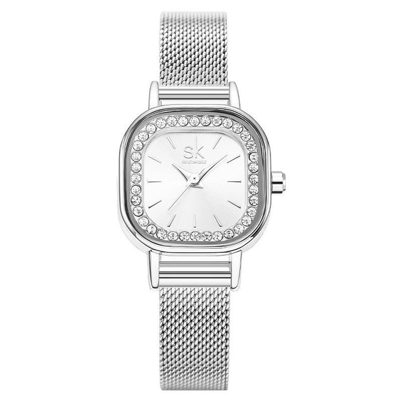 SK Women s Square Mesh Waterproof Quartz Watch with Rhinestone Accents