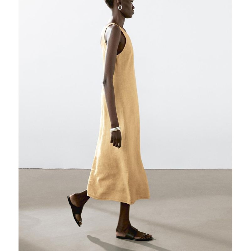 MD Summer Women's Clothing Vacation Style Minimalist Fancy Linen Blended Length Open Back Sling Dress 6633586