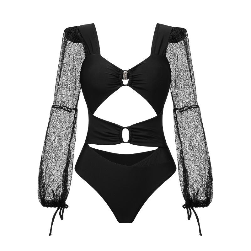 European and American integrated swimsuit mesh hollow one-piece long-sleeved swimsuit women 87 S чёрный