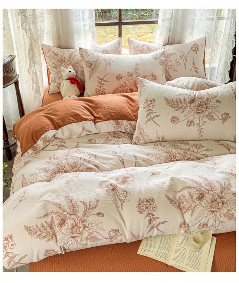 Class A Bamboo Cotton Double Layer Soft Four-Piece Floral Gauze Set for Mothers & Babies - Includes Student Dormitory Three-Piece Set