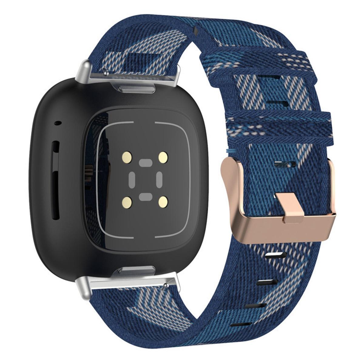 

For Fitbit Versa 4/Sense 2 Smart Watch Strap Pin Buckle Nylon Wrist Band Replacement Blue Stripe