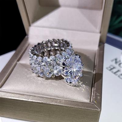 Hochwertiger weißer Zirkon zwei Sets Ring Silber für Frauen Bling Bling Zirkonring Hochzeitsfeier Verlobungsschmuck Geschenk