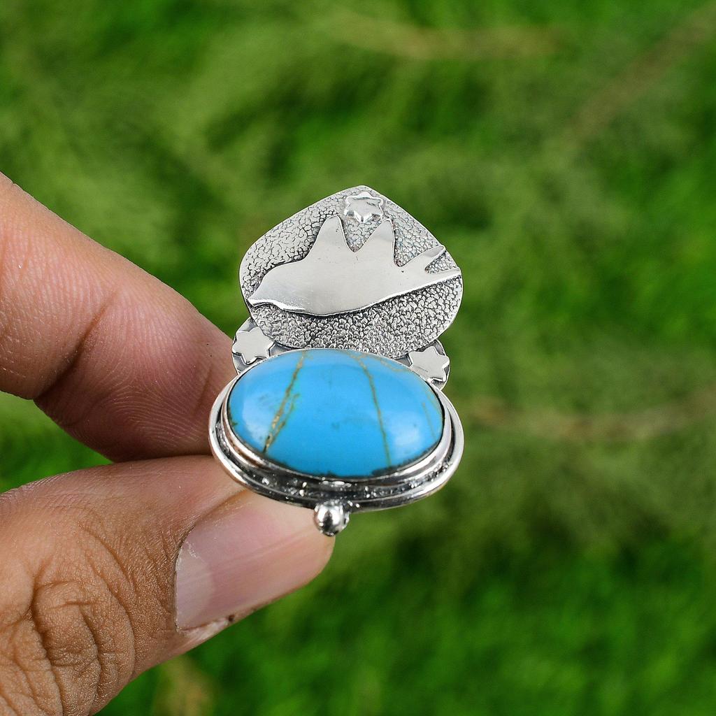 Natural Copper Arizona Turquoise Gemstone Stackable Adjustable Ring 925 Silver