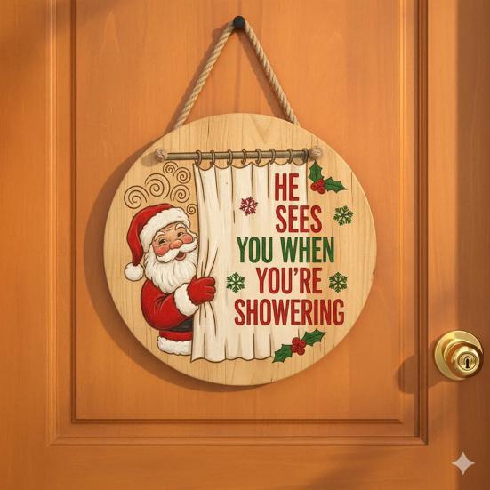 Christmas Welcome Door Sign Cartoon Santa Claus Door Hanging Sign Xmas Holiday Party Front Door Hanger Decoration Decorative Wall Plaque