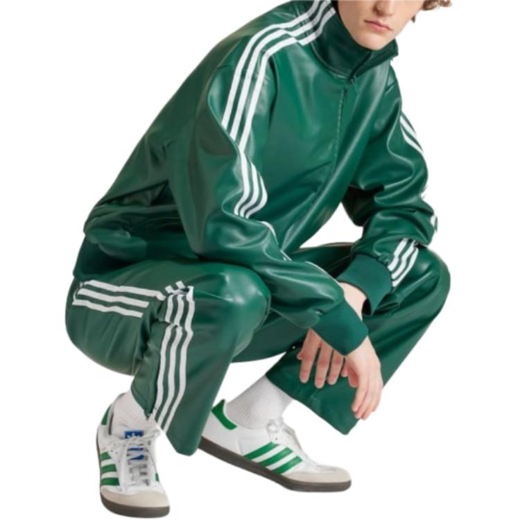 Adidas Originals Adicolor Series Three-Stripe Zip-Up Leather Jacket Men Outerwear Green IZ4032