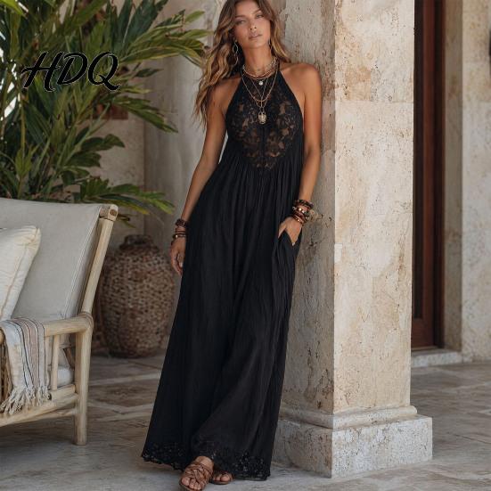 Boho Chic Clothing Women's Sheer Lace Halter Maxi Dress Sleeveless Floral Beach