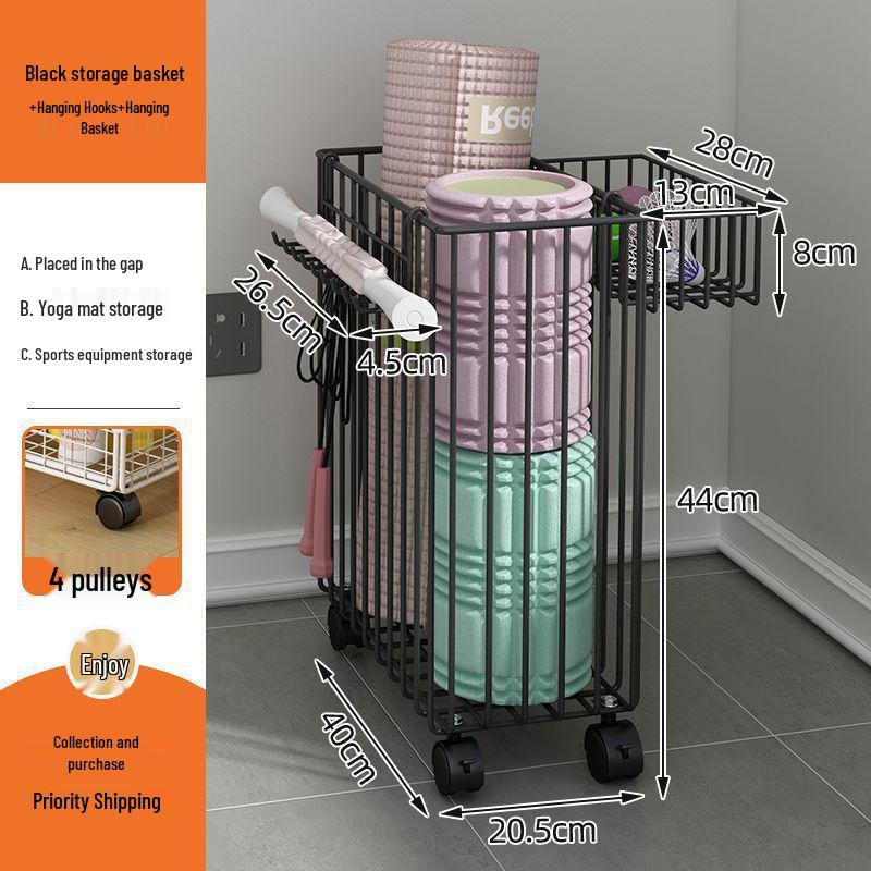 Beweglicher Yogamattenwagen mit schmalem Regal und Puppenaufbewahrungskorb