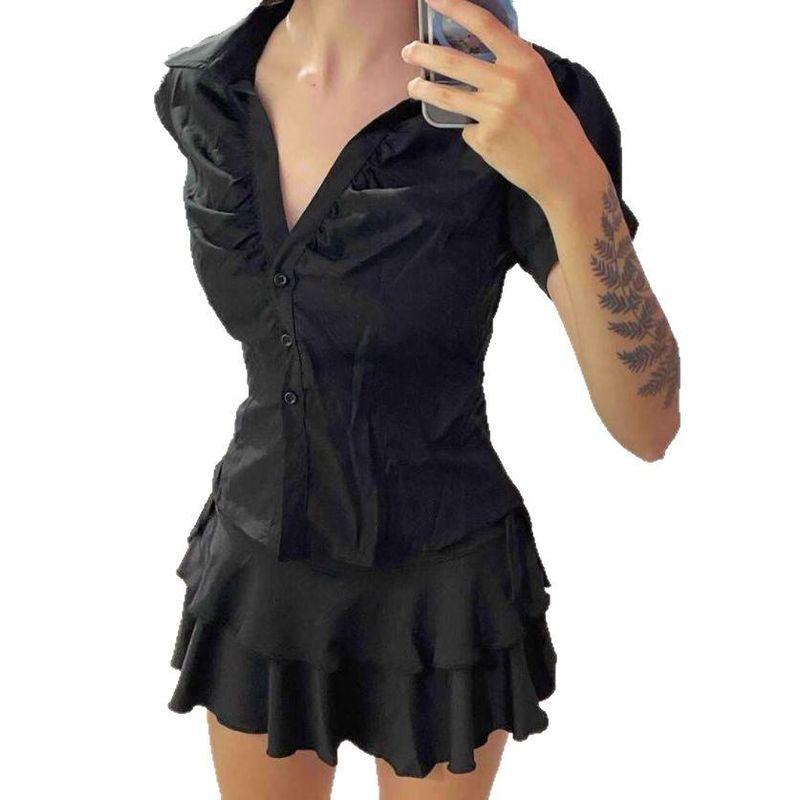 

2025 Summer New Style Pure Desire Style Polo Collar Slim Fit Waist-Cinching Buttoned T-Shirt Shirt for Women Black S
