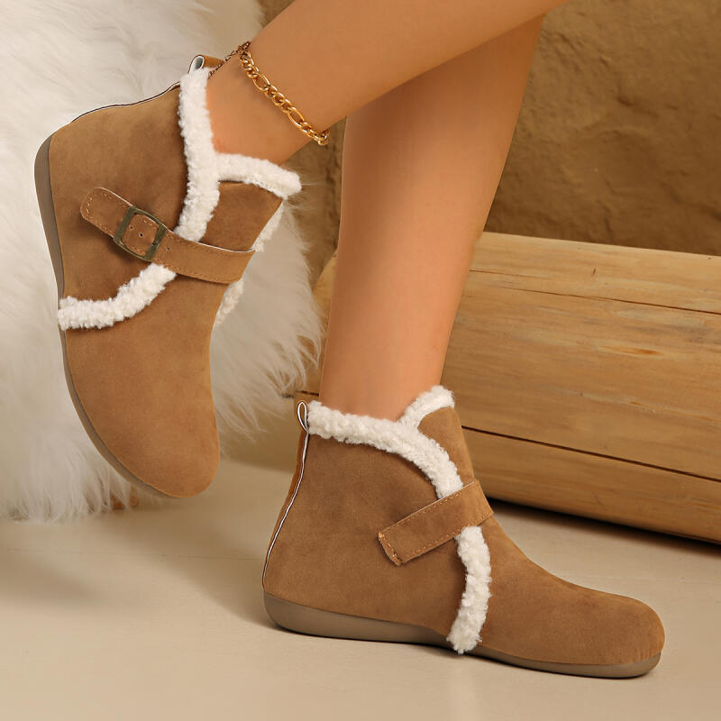 Fashion Warm Short Plush Suede Snow Boots Women 2025 Winter Metal Buckle Fluffy Fur Ankle Boots Furry Flat Heel Casual Shoes Plus Size