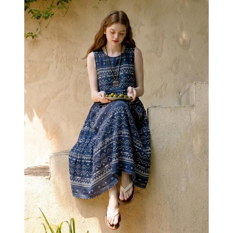 Demana Summer Ethnic Print Sleeveless Maxi Dress M