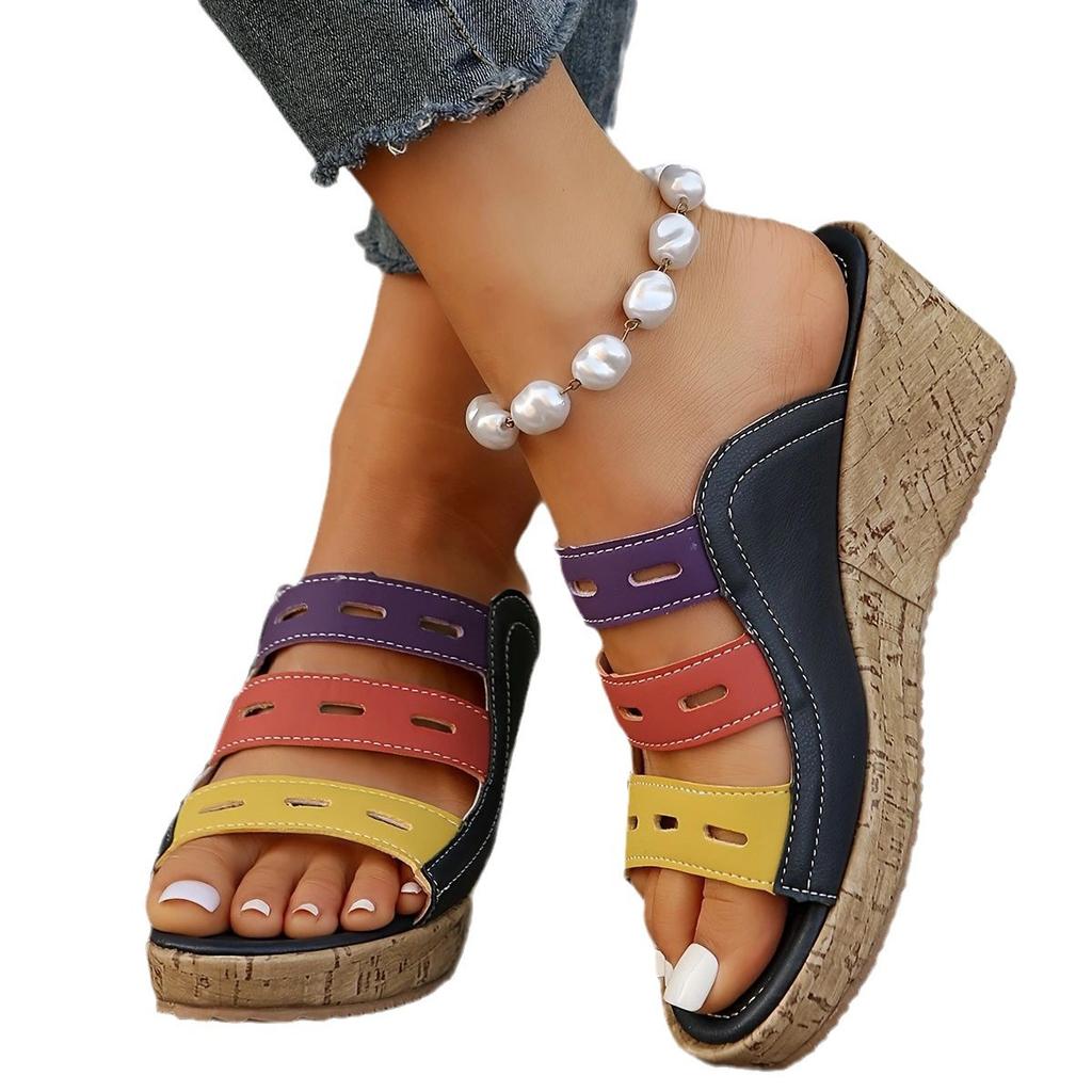 Women's Slope Heel Platform Slippers Summer Large Size High Heel Platform Color Matching Roman Style Beach Cool Slippers