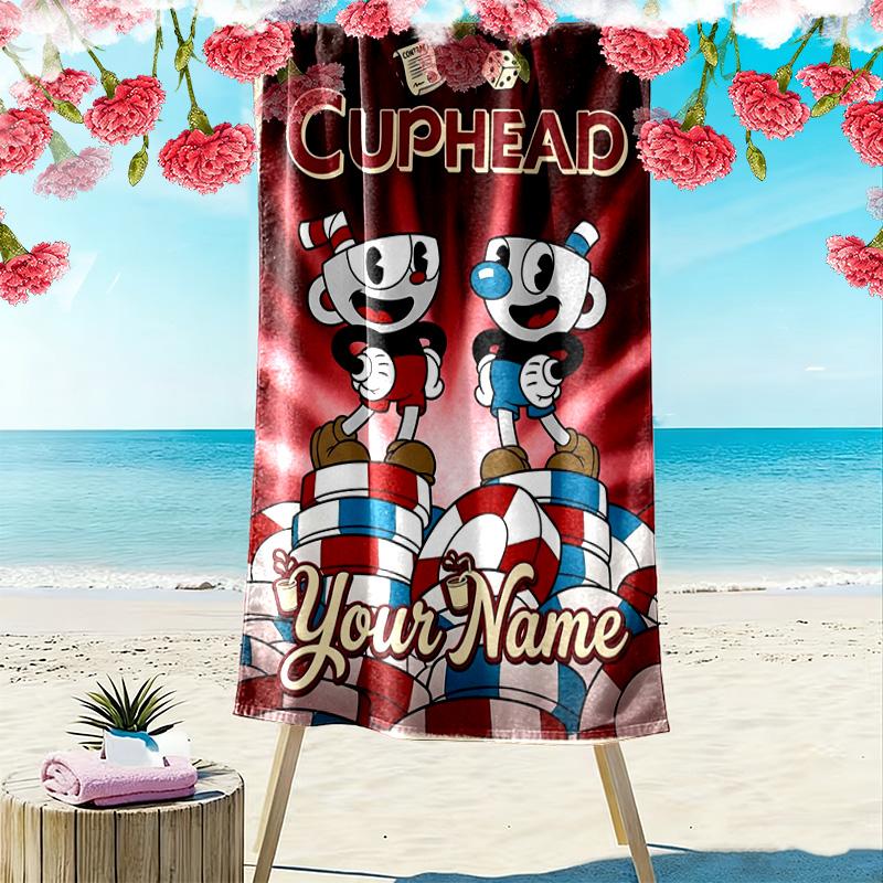 Name Custom Cuphead Print Beach Towel, Large Soft Quick Dry Towel for Beach Camping Swimming
