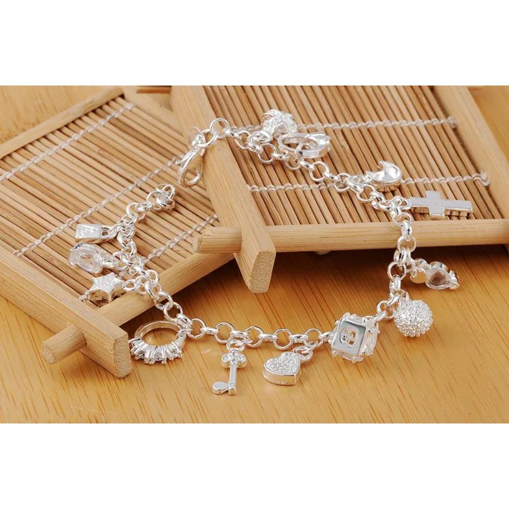 Fashion 925 Silver Bracelet for Woman Pretty Heart Zircon Pendant Chain Wedding Party Gifts Classic Jewelry 20CM 8inch