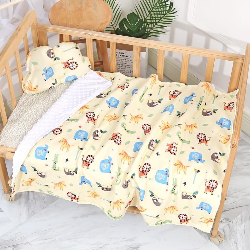 Soft Plush Double-Layer Baby Swaddle Blanket With Cartoon Animal Print Matching Pillow Set Newborns
