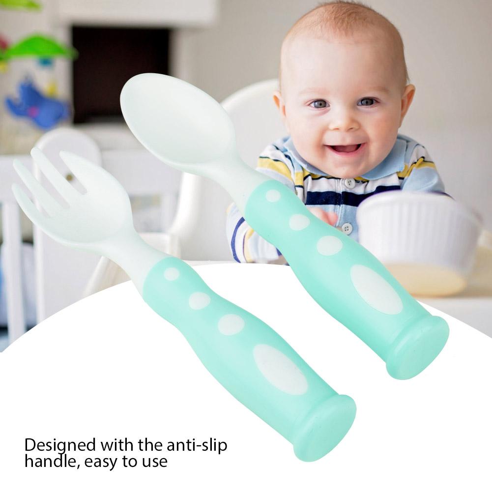 Standing Durable Anti slip Spoon and Fork Set for Baby Kid Tableware(Green)