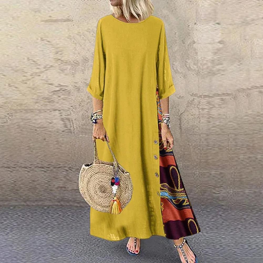Women's Maxi Dress Round Neck 3/4 Sleeves Long Dress Casual Patchwork Floral Print A-line Dress