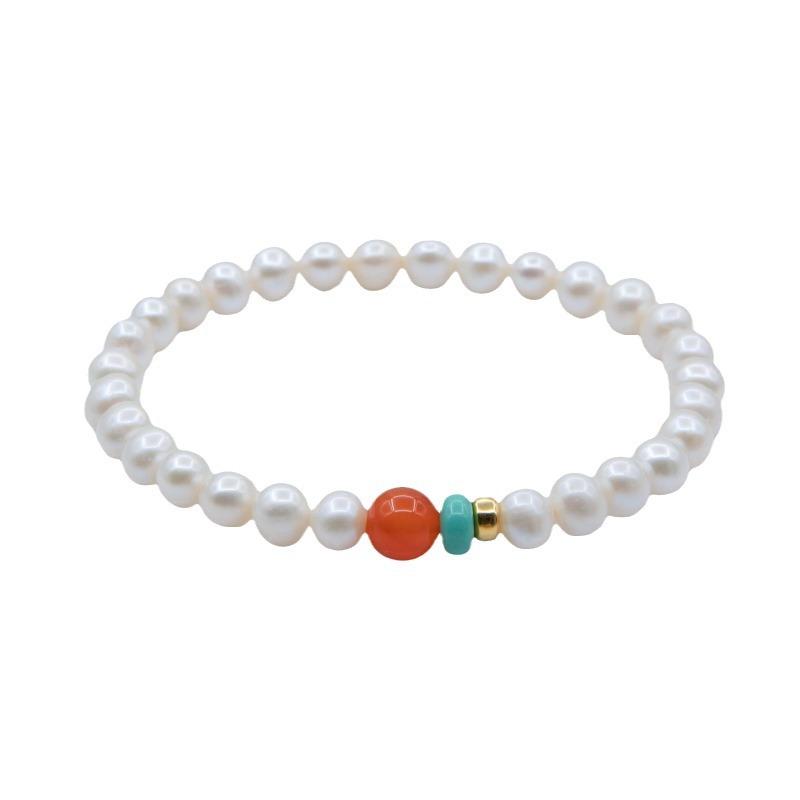 Women's Pearl Bracelet Made of Natural Freshwater Mother-of-pearl, Southern Red Agate, and Turquoise, a High-value Vintage Bracelet for Good Fortune,
