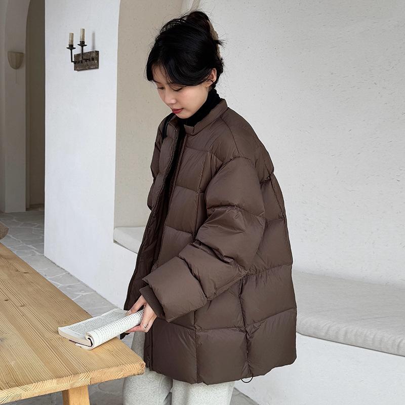 

Хлопковая одежда с наполнителем из пуха с круглым вырезом, женские модели средней длины, новая теплая модная простая хлопковая одежда, хлопковые куртки XXL темно-коричневого