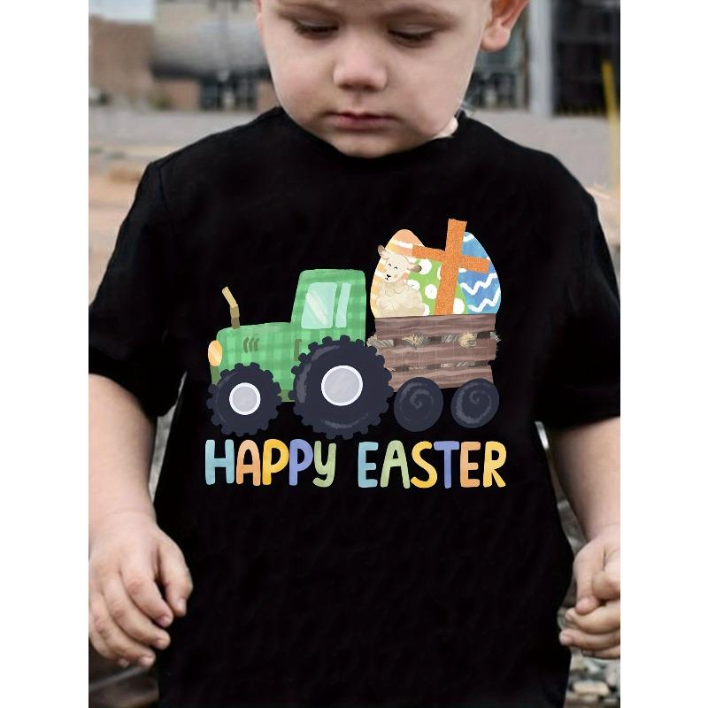 European sizes Children Boys' Happy Easter T-Shirt - Short Round Neck Casual Happy Easter Print & Asymmetric Hem - Easter Egg Hun Boys' Clothing Gift