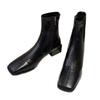 Brown square-headed small short boots for women in the spring and autumn of 2025, new French thick-heeled medium-heeled single boots, elastic and thi
