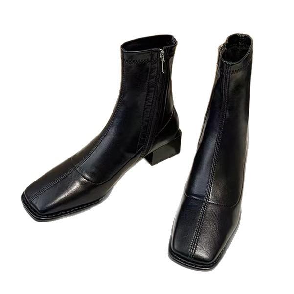 Brown square-headed small short boots for women in the spring and autumn of 2025, new French thick-heeled medium-heeled single boots, elastic and thi