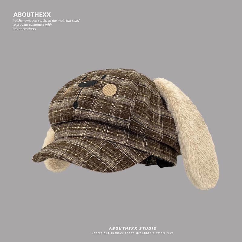 Cute Little Dog Plush Ear Checkered Octagonal Cap for Children New Spring and Autumn Beret Versatile Newsboy Cap Trend
