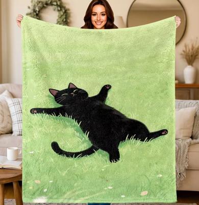 Pc Flannel Blanket with Black Cat And Lime Green Plush Feline Soft AllSeason Cozy Throw for Bed Sofa Camping  Cat Lover Gift