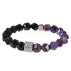 Men's Retro Stainless Steel and Beaded Bracelet with 10mm Faceted Amazonite and Black Obsidian.