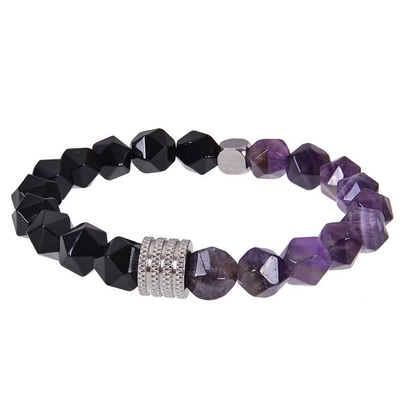 Men's Retro Stainless Steel and Beaded Bracelet with 10mm Faceted Amazonite and Black Obsidian.