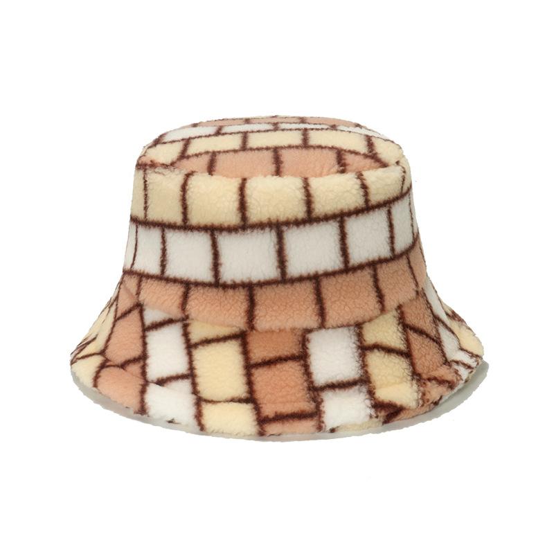 2025 autumn and winter new women's basin hat casual versatile thermal hat color square plaid lamb wool bucket hat women