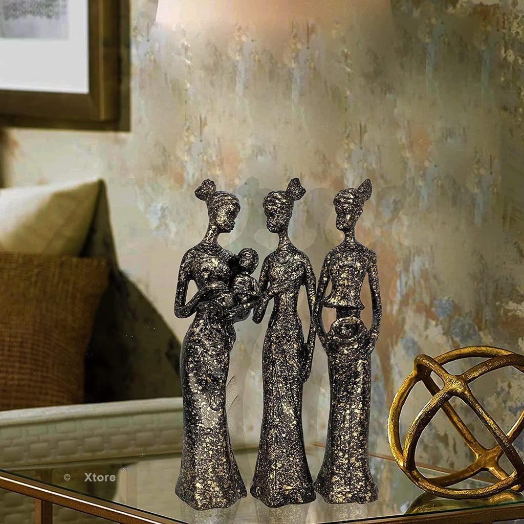 Beautiful Finish Uniquely Hand Crafted Home Decor African Tribal Women Art Piece - (Set of 3, Black and Golden Color)