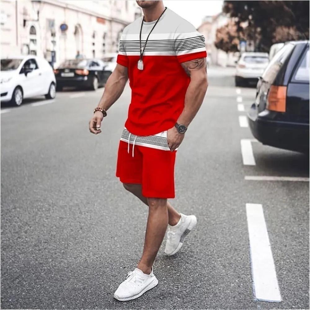 Men's Casual Sports Set Short Sleeve and Shorts Two-Piece Fashion Geometric Pattern Summer Daily Wear Comfortable Breathable