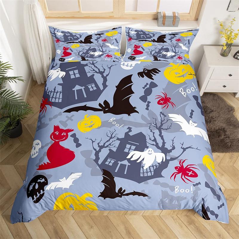 Cute Halloween Cat Duvet Cover Mystery Castle Bedding Set For Kids Teen Microfiber Misty Forest Bat Quilt Cover Queen Bedclothes
