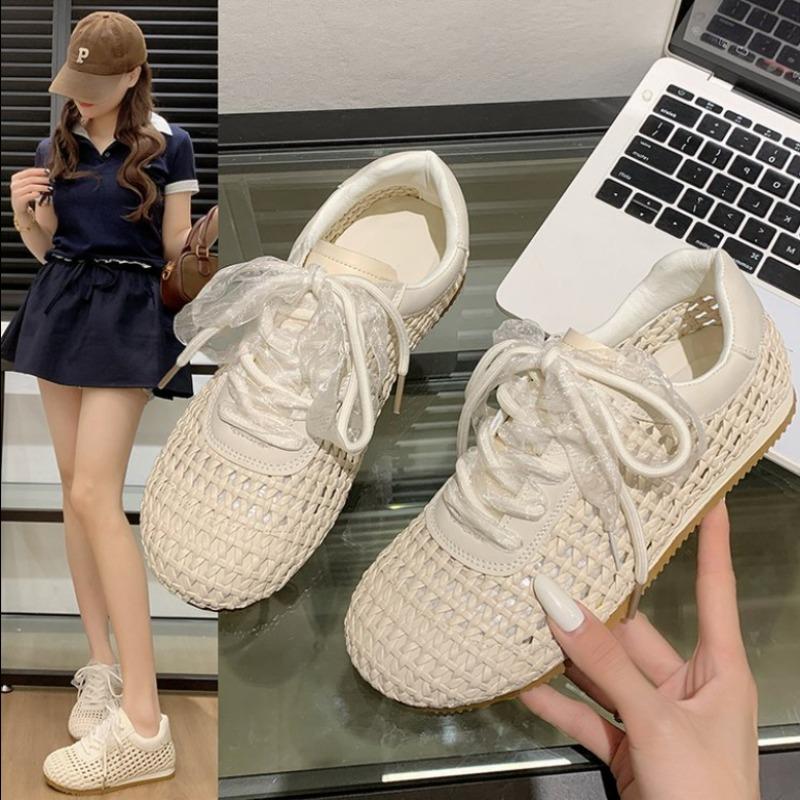 2025Spring New Flat Shoes Round Head Shallow Mouth Mesh Cloth Breathable Metal Buckle Soft Sole Non-slip Single Shoes