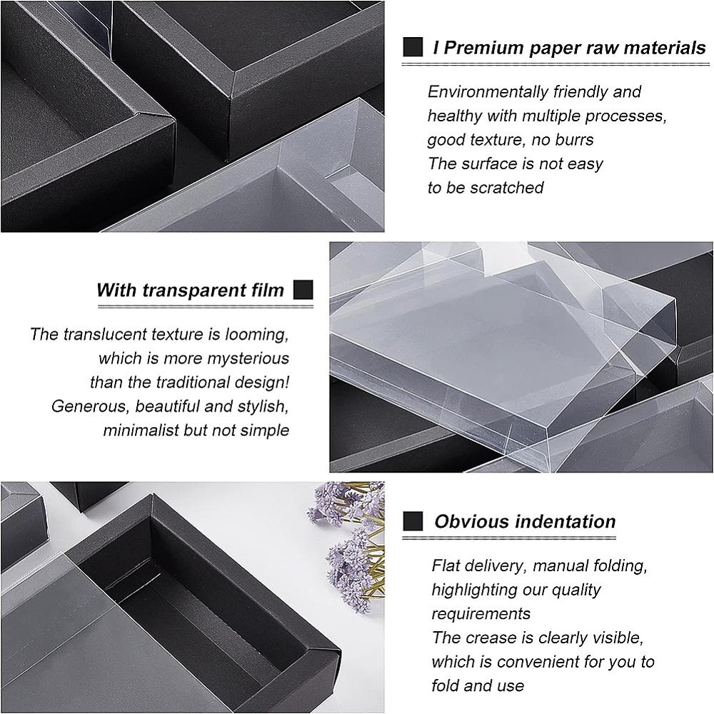 12sets Drawer Kraft Paper Box Festival Gift Wrapping Boxes Gift Packaging Boxes for Jewelry Wedding Party with PVC Plastic Windows Black