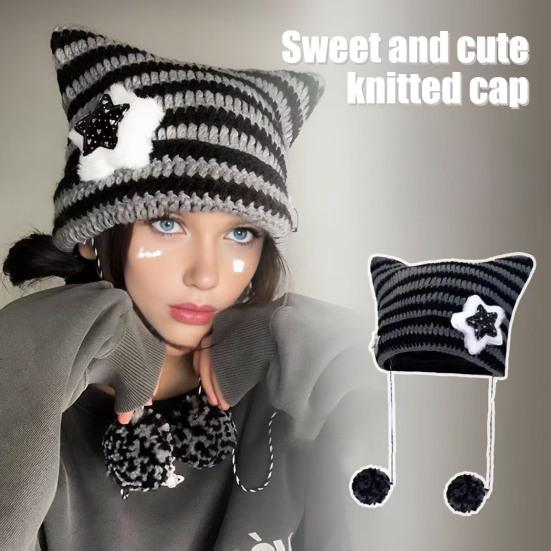 Winter Knitted Hat Cat Ear Design Plush Ball Decor Striped Print Windproof Warm Women Hat Cold Weather Headwear