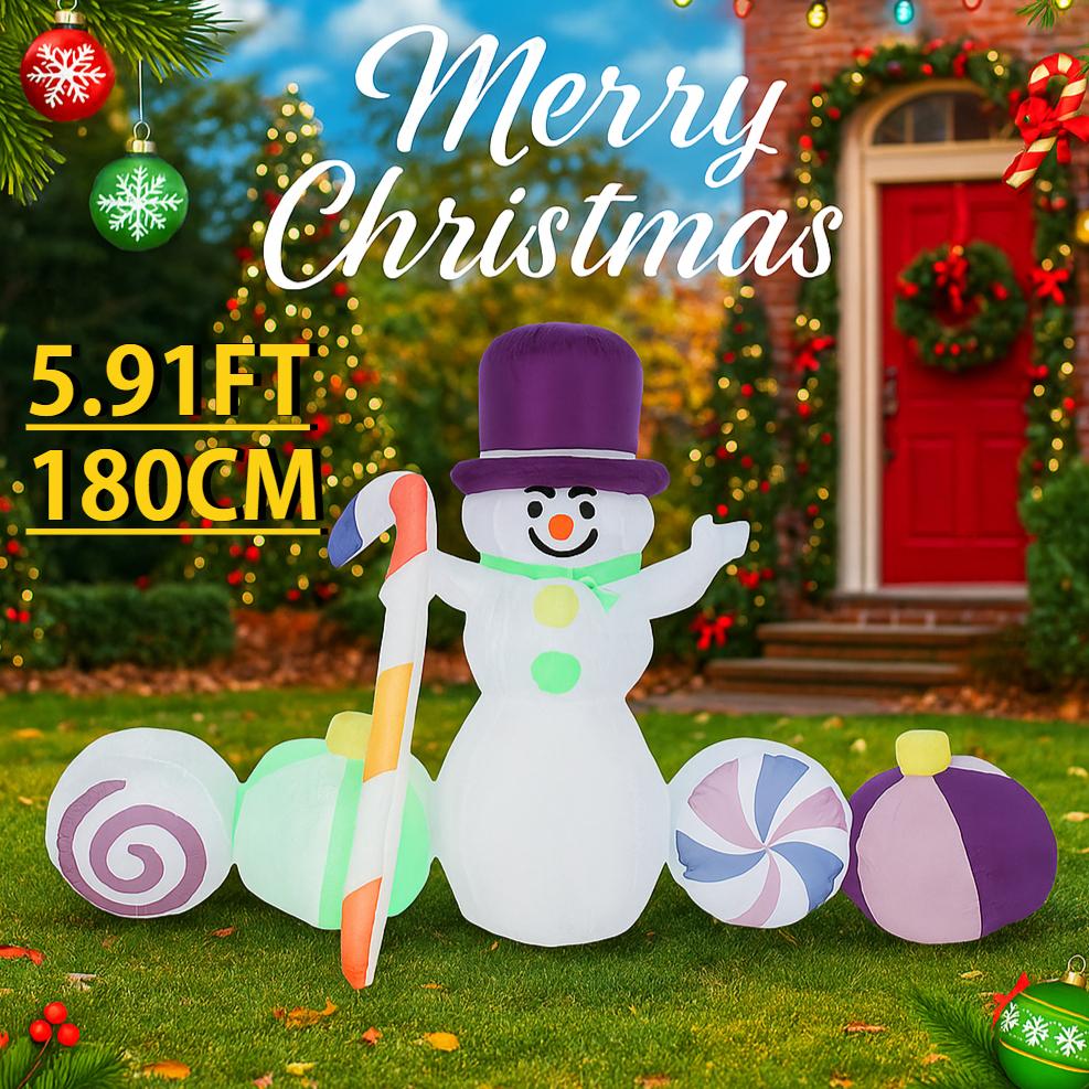 5.91FT Inflatable Toy Snowman Candy Decoration Xmas Yard Lawn Home Party Decor Ornament With LED Lit Christmas Supplie Gift