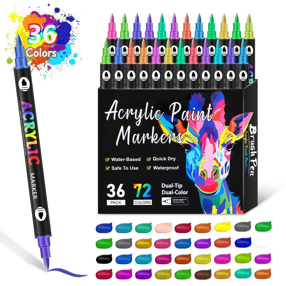 SHEFEITE® 72 Colors Acrylic Markers Set, Dual Tip, Waterproof & Quick Dry, 17×14.8cm, Multicolor, 36 Professional Pens