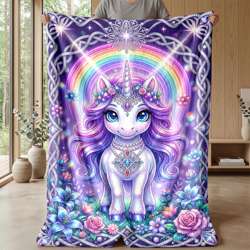 Magical Unicorn with Gem Heart Theme Blanket Lightweight Warm Flannel Blanket Decorative Throw Blanket for Home Decoration