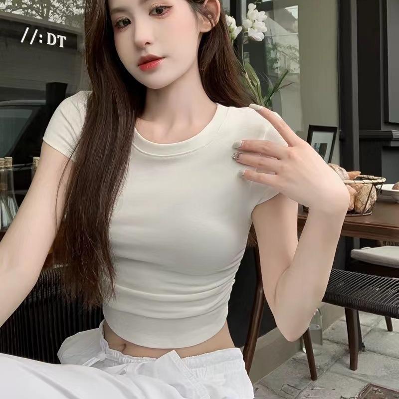 Women Slim Fit Cropped Short Sleeve Crew Neck Casual Solid T Shirt S