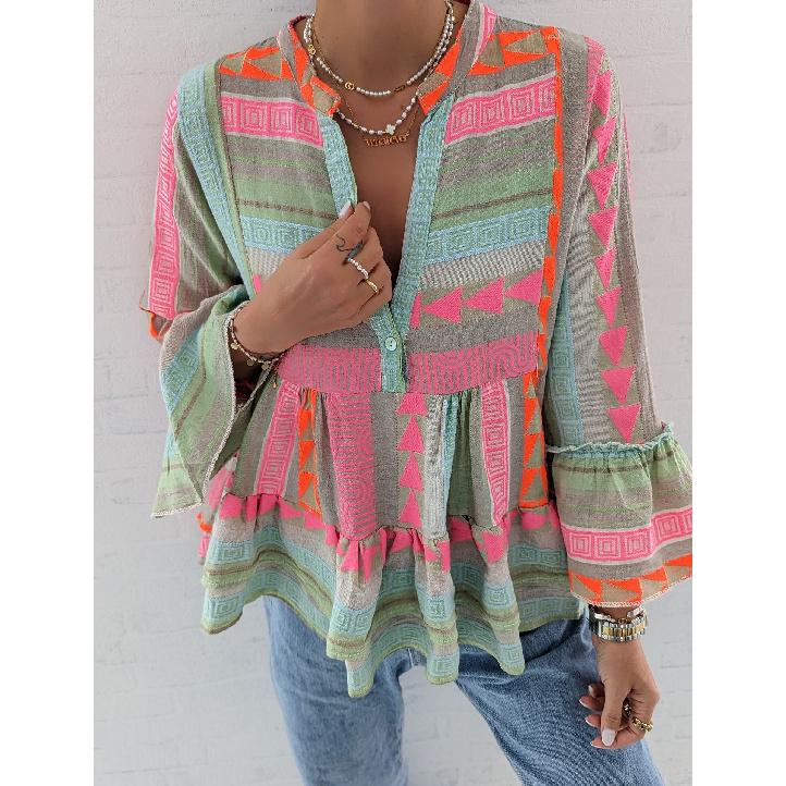 2026 Spring New Slim Fit Bell Sleeve Long Sleeve V-Neck Printed Casual Women s Blouse S