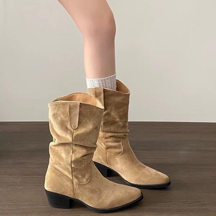 French thick-heeled short boots stacked boots autumn and winter new Maillard mid-tube western cowboy Martin boots women