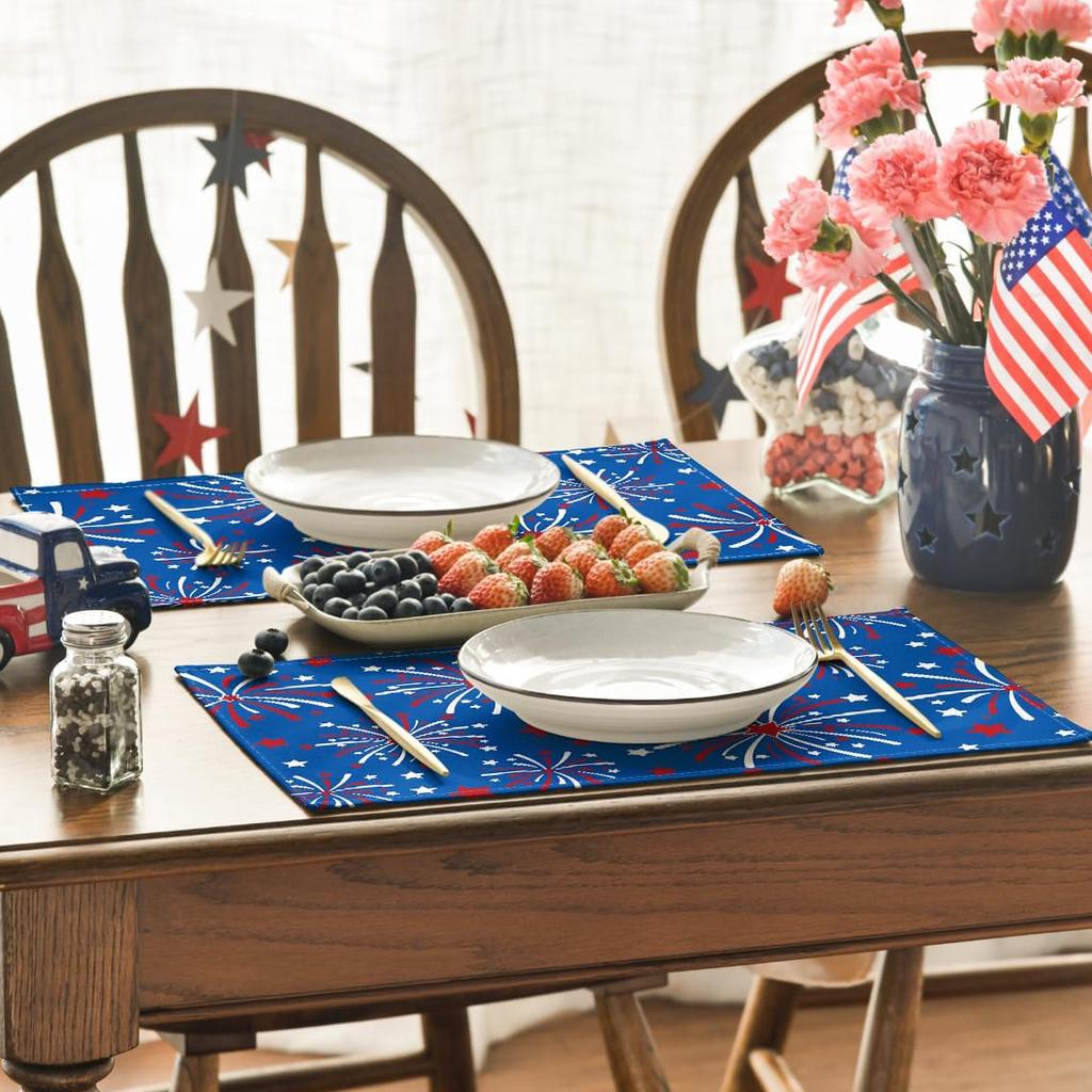 4/6pcs Blue Fireworks Stars 4Th of July Placemats, Memorial Day Patriotic Table Mats for Party Kitchen Dining Decoration 12X18 Inch