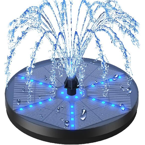 Solar Bird Bath Fountains Upgraded, 4W Solar Powered Water Fountain Pump with 7 Nozzles & 4 Fixers, 4000 Battery, 7 Colors LED Light for Garden,