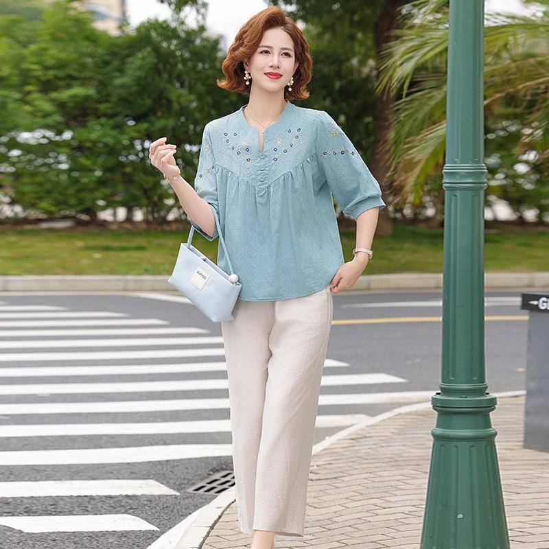 

Artistic Embroidered Casual Two-Piece Set for Women - Short-Sleeved Top & Long Pants 5XL (Recommended 150-165 jin)