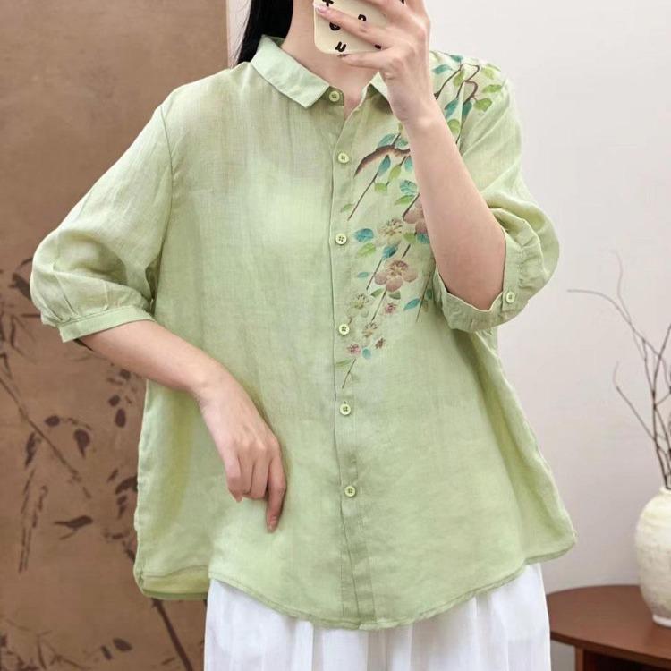 Linen Loose Casual Print Blouse Summer Women T Shirt Fashion Long Sleeve Tops Green White Pattern Tees Shirt