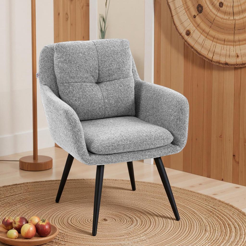 Modern Accent Chair Upholstered Chair With Metal Legs Linen Look Light Gray