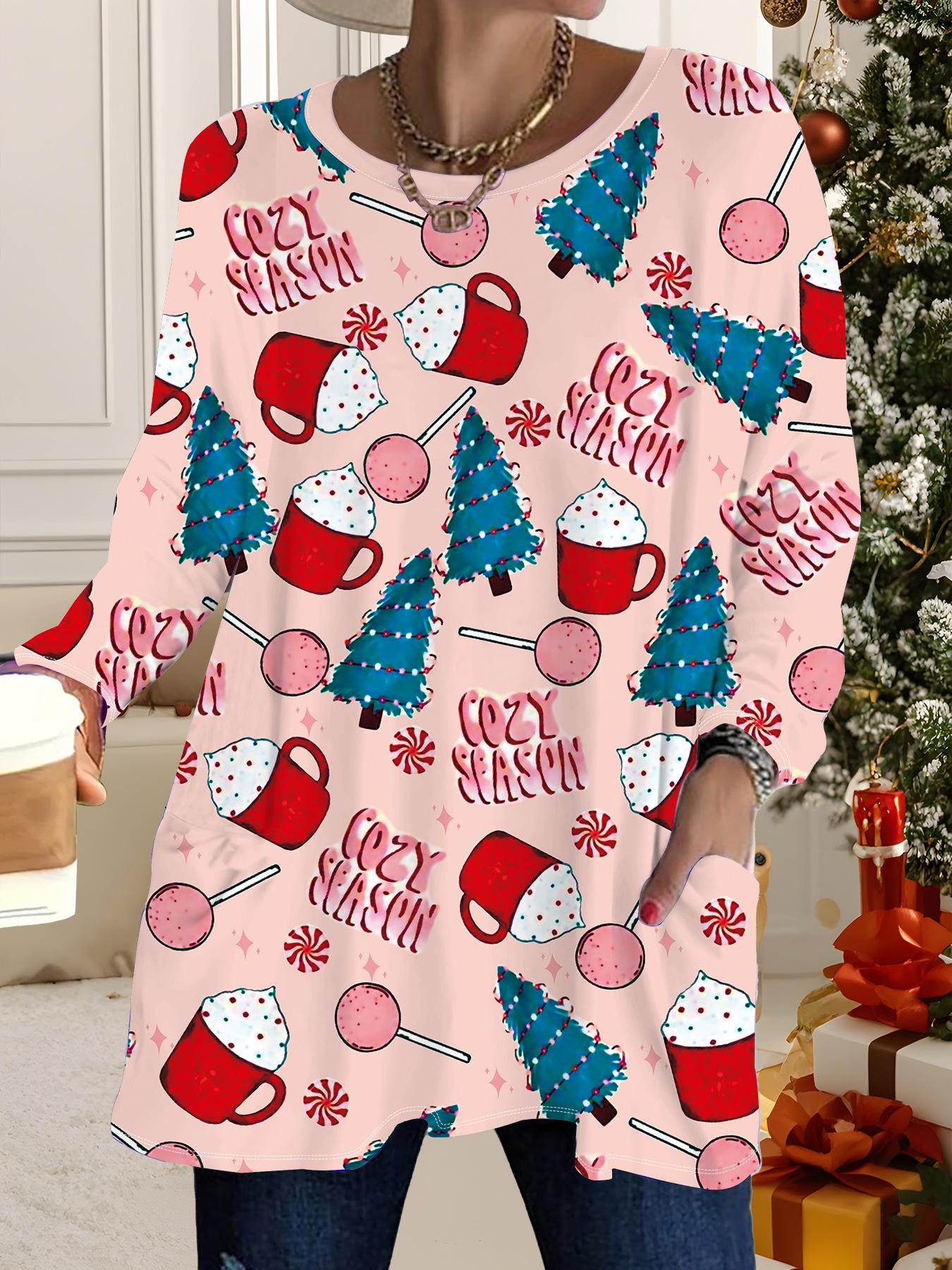 

Осень-Зима 2025 Новые Женские Топы Большого Размера, Модные Футболки с 3D-принтом на Рождество, с Круглым Вырезом и Длинным Рукавом 1XL красный